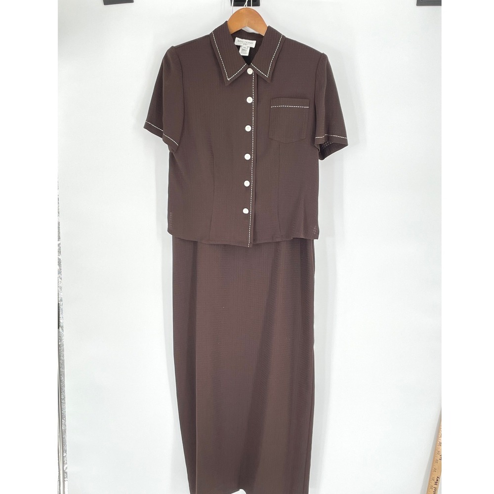 Vtg Miss Dorby Brown Textured Maxi Dress and Jacket Set Size 10 Contrast Stitch